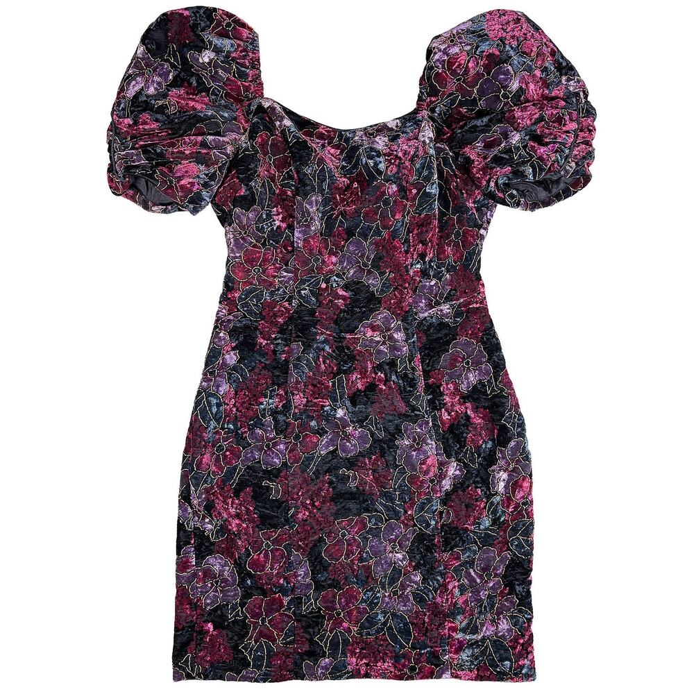 VTG Floral Brocade Velvet Mini Dress S Puff Sleeve Low Back Party Cocktail 90s